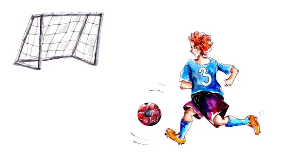 Suluboya Çizimi Mavi Bizhi Üniformalı Çocuk Futbolcu Hedefe Giden Top — Stok fotoğraf