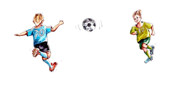 Υδατογραφία Εικονογράφηση Δύο Ποδοσφαιριστές Αγόρι Από Διαφορετικές Ομάδες Παίζουν Ποδόσφαιρο — Φωτογραφία Αρχείου