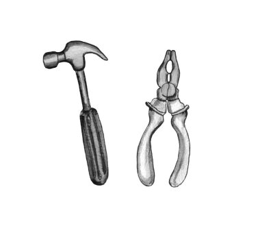 Suluboya çizimi, tamir aletlerinin siyah beyaz görüntüsü. Çekiç ve pense. beyaz arkaplanda izole edilmiş.