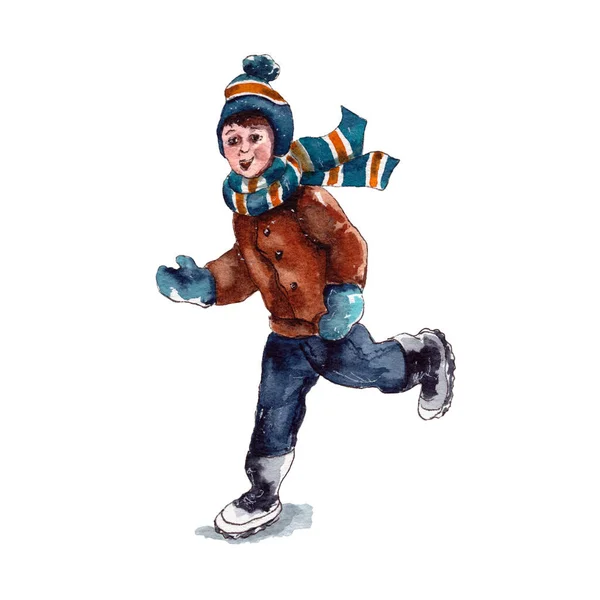Акварельная Иллюстрация Характера Мальчика Зимней Одежде Бегущего Изолированные Белом Фоне — стоковое фото