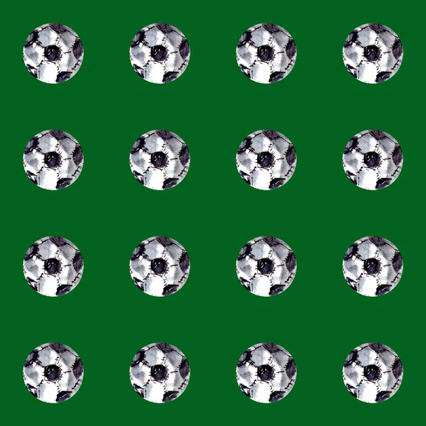 水彩画 绿色背景上的白色足球无缝图案 孤立的 — 图库照片