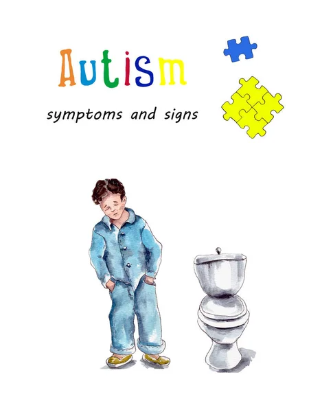 Akwarelowa Ilustracja Postaci Chłopca Niebieskiej Piżamie Stojącego Toalecie Obok Muszli — Zdjęcie stockowe