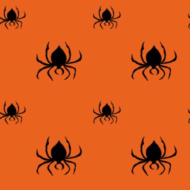 Süsleme için siyah örümcekler asılmış ve turuncu arka planda kaplanmış suluboya desenleri. Cadılar Bayramı için ürkütücü bir geçmiş.