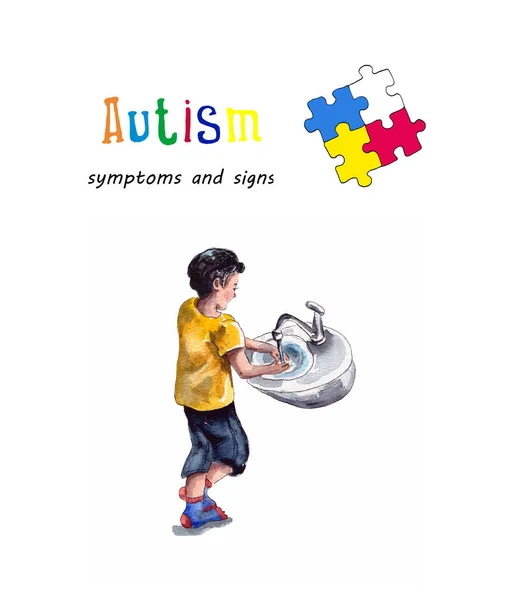 Akwarelowa Ilustracja Zachowania Dzieci Autyzmem Entuzjastyczna Gra Wodą Światowy Autyzm — Zdjęcie stockowe
