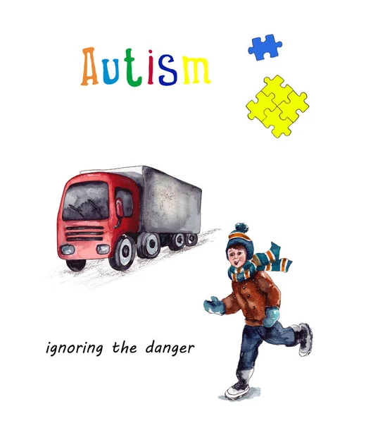 Akwarelowa Ilustracja Zachowania Dzieci Autyzmem Ignorując Niebezpieczeństwo Światowy Autyzm Świadomości — Zdjęcie stockowe