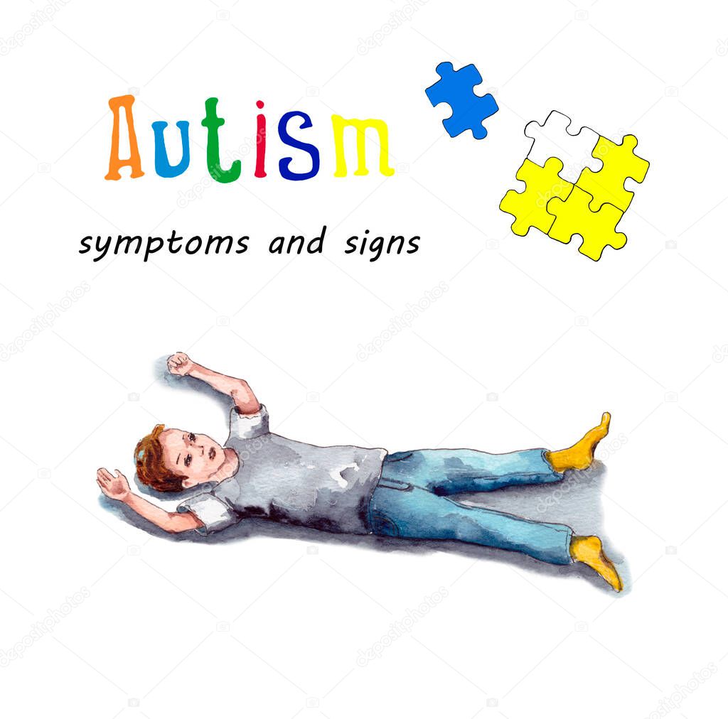 Watercolor illustration of the behavior of children with autism. tantrums, loneliness, illogical behavior.World autism awareness day.isolated on a white background