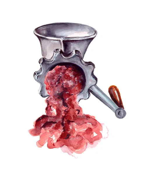 Illustration Aquarelle Des Accessoires Cuisine Viande Hachée Dans Hachoir Viande — Photo