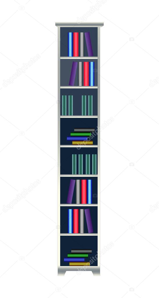 Classic style wooden bookshelf with a number of interesting books, white color, isolated,