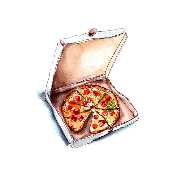 Akvarel Ilustrace Pizza Lepenkové Krabici Pizzy Pohled Shora Izolované Bílém — Stock fotografie