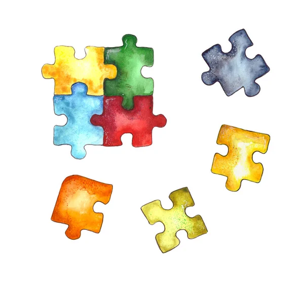 Illustrazione Acquerello Puzzle Puzzle Carta Bambini Pezzi Puzzle Colorati Isolato — Foto Stock