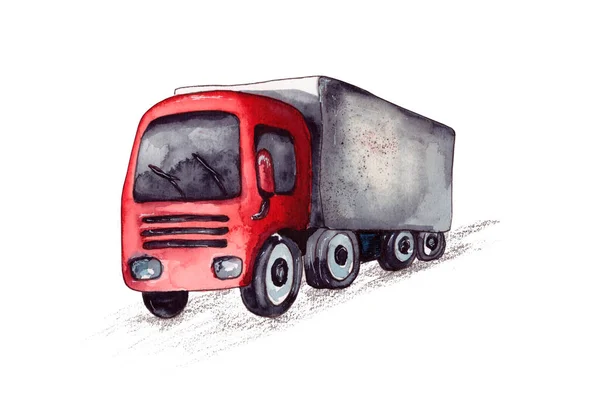 Aquarell Illustration Ein Großer Überdachter Lkw Mit Rotem Führerhaus Auf — Stockfoto