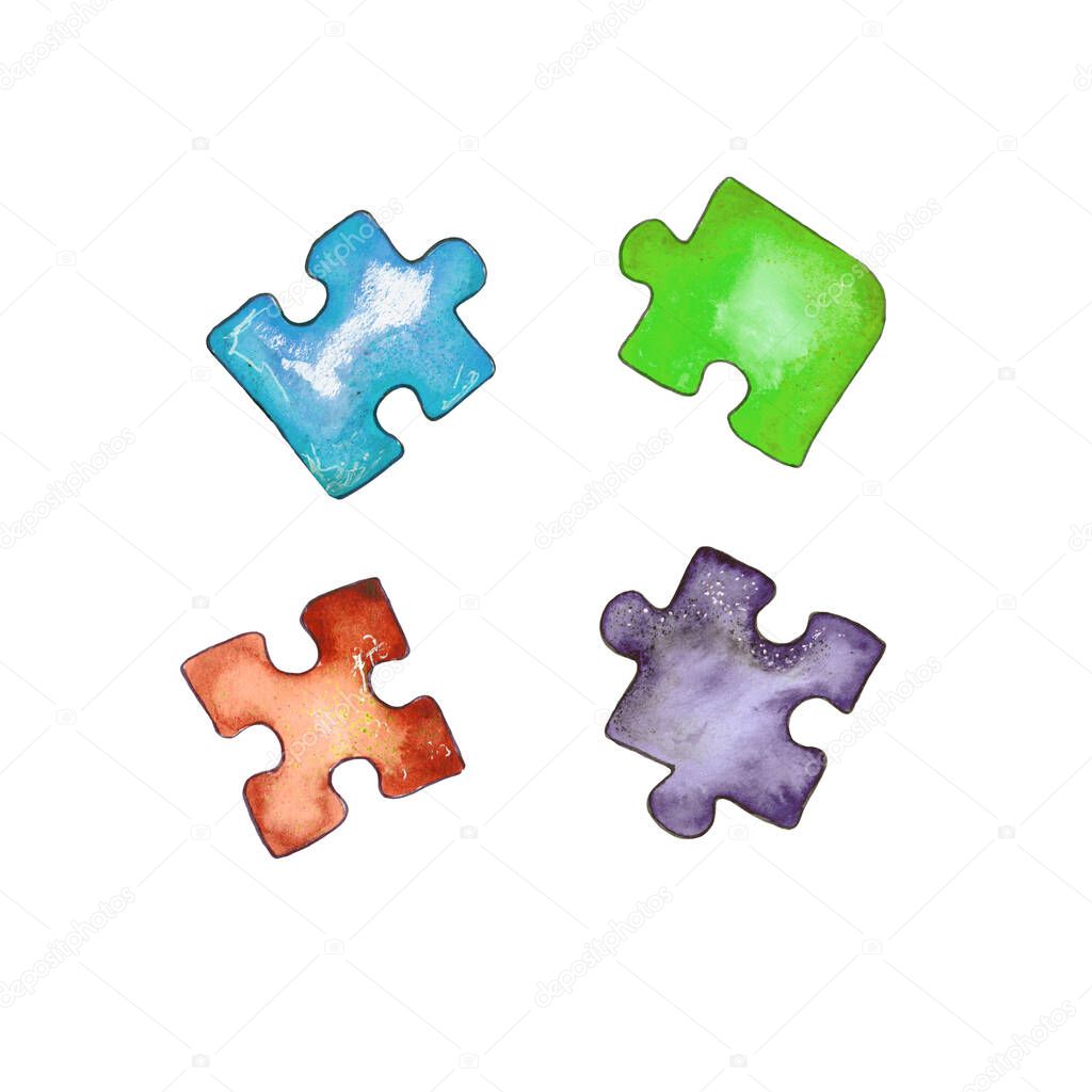 Watercolor illustration.children's puzzle paper puzzle, a set of colorful puzzle pieces. Isolated on a white background.