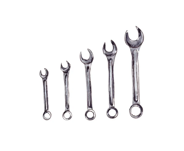 Aquarell Illustration Satz Schraubenschlüssel, mechanische Werkzeuge für Reparatur.Isolierte metrische Schlüssel für Schrauben und Muttern auf weißem Hintergrund. — Stockfoto