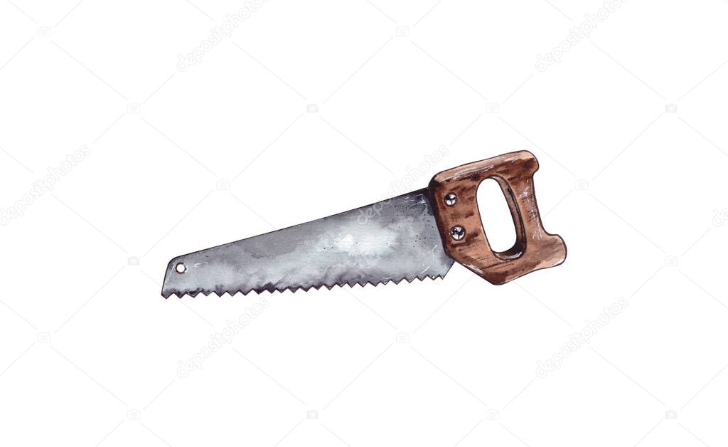 Watercolor illustration.tools for home repair, hand saw on a wooden handle. Isolated on a white background