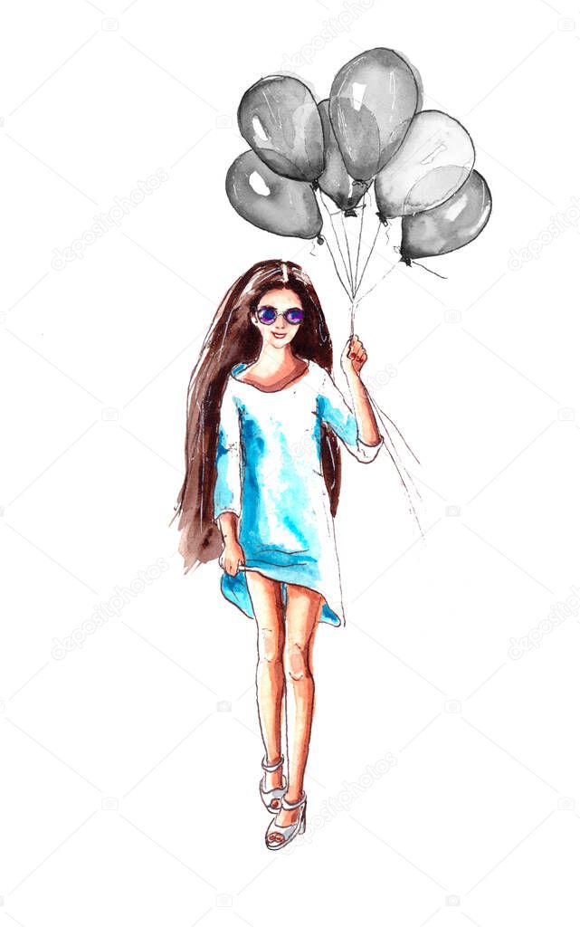 watercolor illustration of a happy young woman or teenage girl in a blue dress with monochrome helium balloons. isolated on a white background.