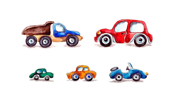 Aquarela Ilustração Conjunto Carros Brinquedo Das Crianças Isolado Sobre Fundo — Fotografia de Stock