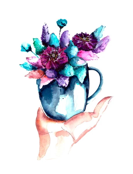 Watercolor Illustration Bouquet Flowers Small Cup Palm Your Hand Isolated — Stock Photo, Image