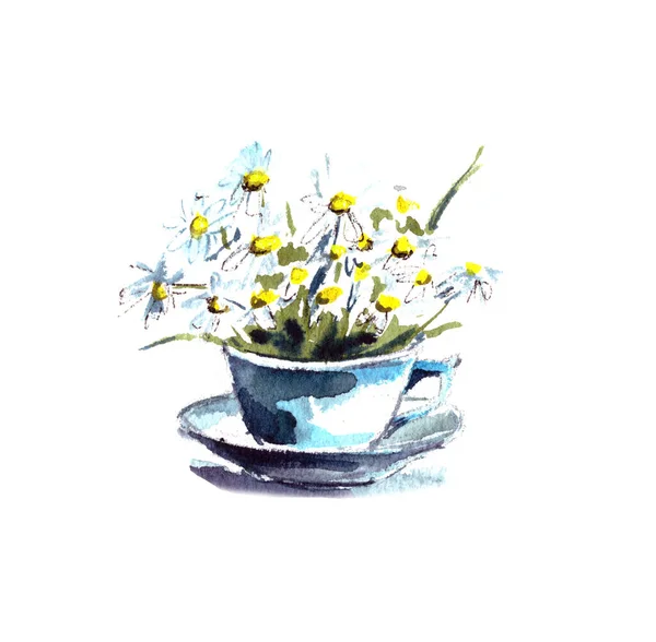 Illustrazione Acquerello Mazzo Fiori Una Piccola Tazza Isolato Sfondo Bianco — Foto Stock