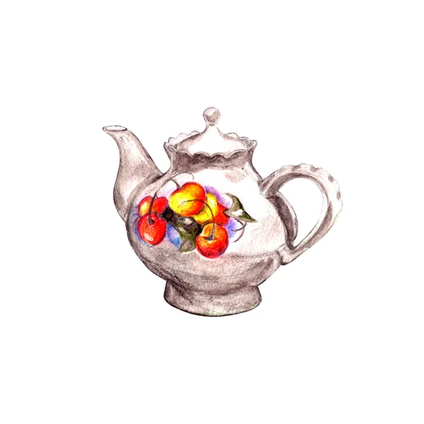 Aquarelillustratie. witte porseleinen theepot voor het maken van thee.geïsoleerd op een witte achtergrond — Stockfoto