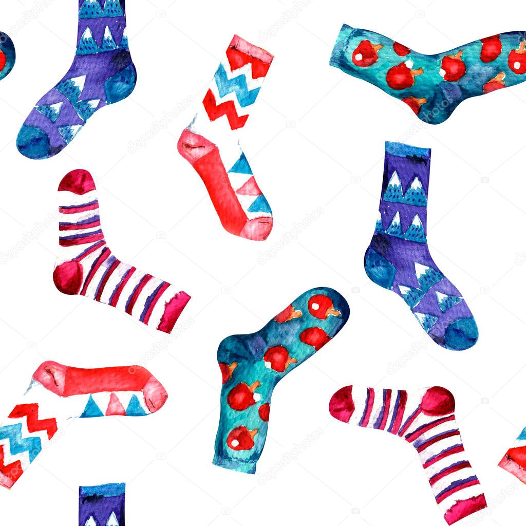 watercolor illustration. seamless pattern of multicolored socks on a white background.