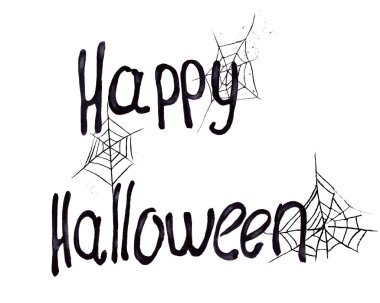 Suluboya çizimi. Mutlu Cadılar Bayramı, beyaz arka planda el yazısıyla yazılmış mektuplar. Cadılar Bayramı için metin pankartı veya arkaplan, el yazısı illüstrasyon.