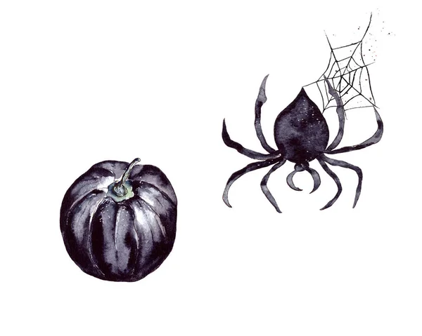 Akvarell Illusztráció Boldog Halloweent Fekete Pók Fekete Weben Banner Vagy — Stock Fotó