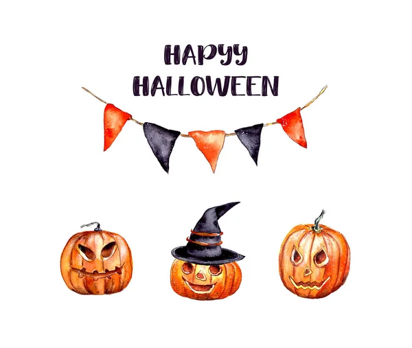 watercolor illustration. a multicolored garland of flags and three pumpkins with a witch\'s hat on their head with different emotions. the inscription happy halloween . isolated on a white background.