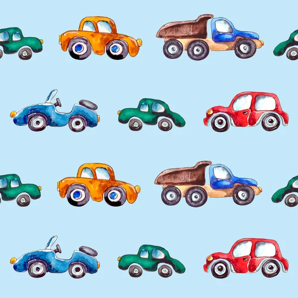watercolor illustration. seamless pattern of city cars in cartoon style.pattern for children's textiles on a blue background.