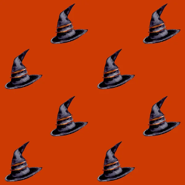 ハロウィンのお祝いのためにオレンジの背景に魔女の帽子とシームレスなパターンの水彩画のイラスト — ストック写真
