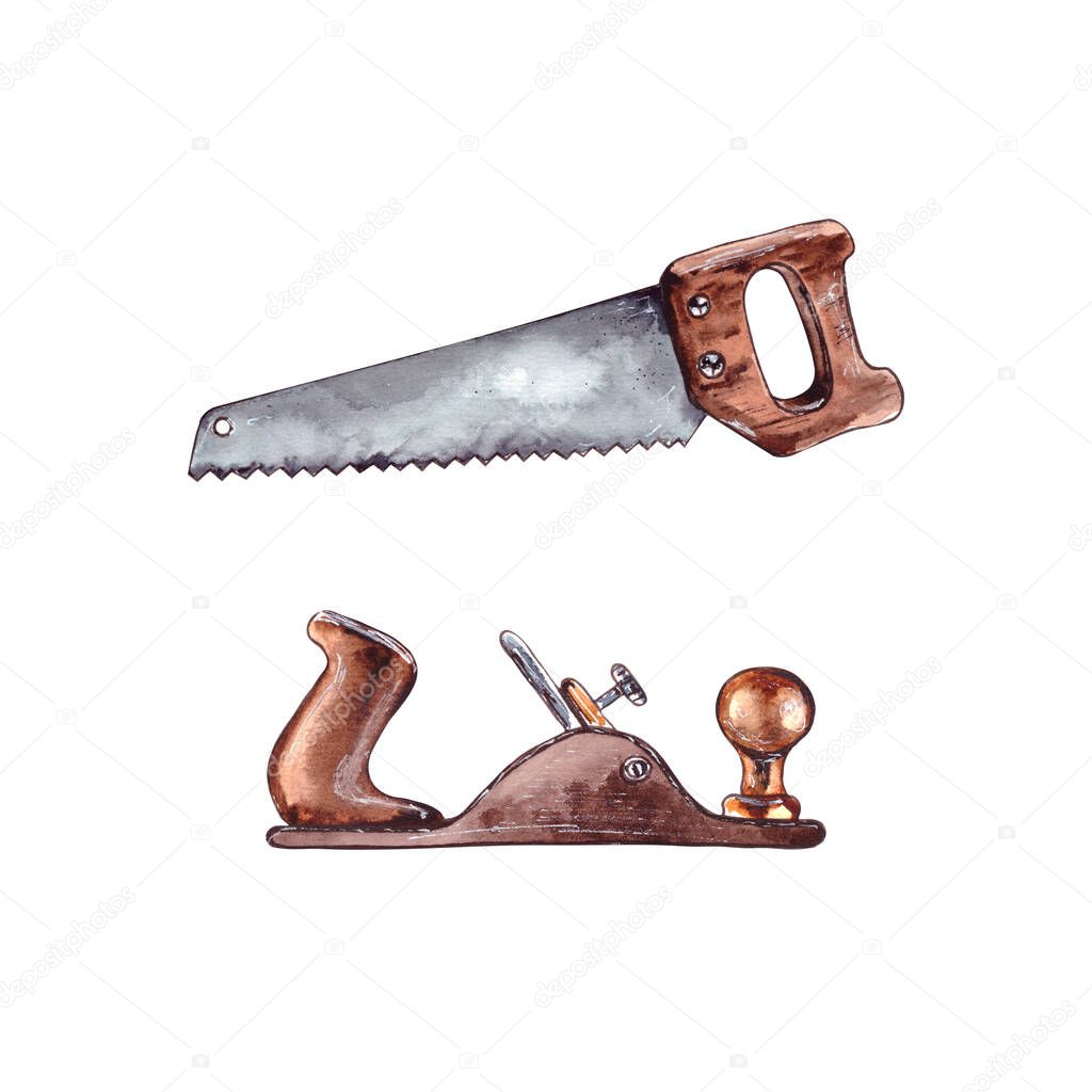 Watercolor illustration.carpenter's tools for repairing and working on wood, hand saw on a wooden handle and plane. Isolated on a white background.