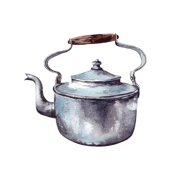 Акварель Illustration Vintage Алюминиевый Старый Чайник Изолированный Белом Фоне — стоковое фото