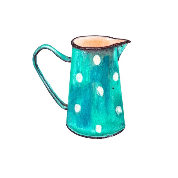 Vintage Enameled Tableware Milk 액체들 배경에는 폴카도 Polka Dots Isolated — 스톡 사진