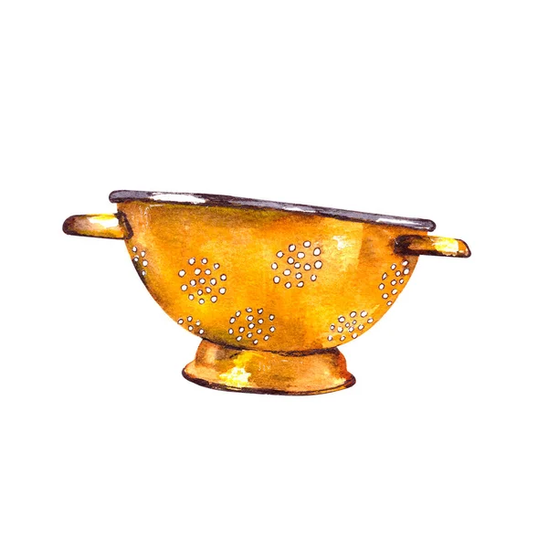 Watercolor Illustration Old Vintage Esmaltado Amarelo Escorredor Metal Retro Tableware — Fotografia de Stock