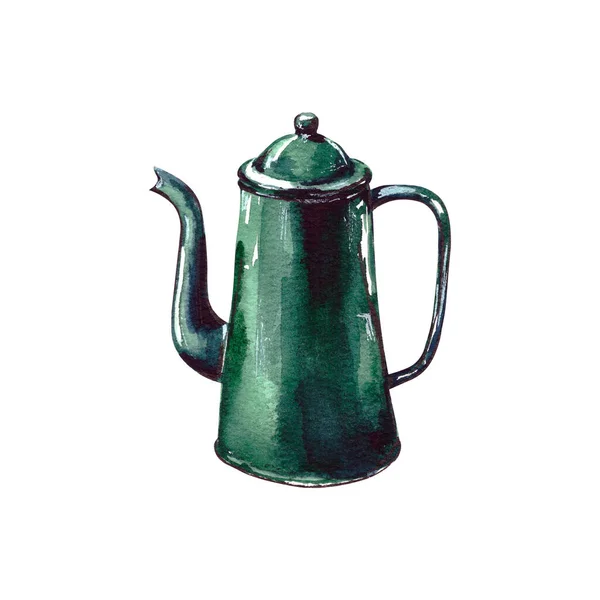 Akwarelowa Ilustracja Antyczny Zielony Emaliowany Dzbanek Kawy Metalowa Zastawa Stołowa — Zdjęcie stockowe