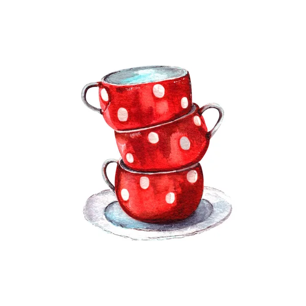 Aquarell Illustration Set Aus Roten Tassen Mit Weißen Tupfen Set — Stockfoto