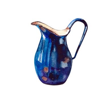 Watercolor illustration.enameled vintage jug of blue color with traces of rust.Jug for home decor.old retro tableware.Isolated on a white background. clipart
