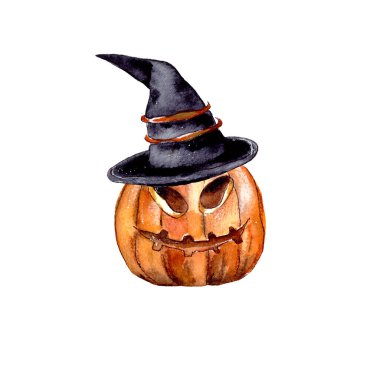 Suluboya çizimi. Kesilmiş gözleri ve siyah şapkalı ağzı olan kötü olgun bir balkabağı. Kartpostallar, afişler, kartvizitler, posterler için mutlu Cadılar Bayramı etiketi. beyaz arkaplanda izole edilmiş.