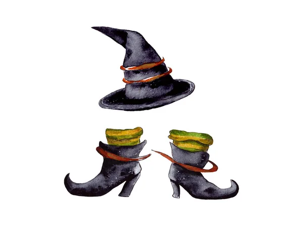 Watercolor Illustration Witchs Hat Black Witchs Boots Happy 할로윈 레이블은 — 스톡 사진