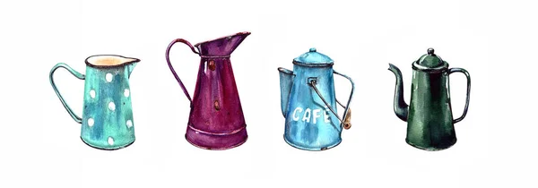 Akvarell Illusztráció Set Vintage Zománcozott Kávés Edények Kancsók Különböző Színekben — Stock Fotó