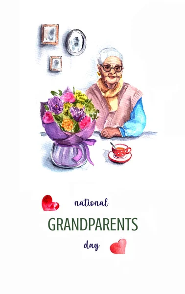 Aquarell Illustration Des Nationalen Großelterntages Happy Grandparents Day Mit Einer — Stockfoto