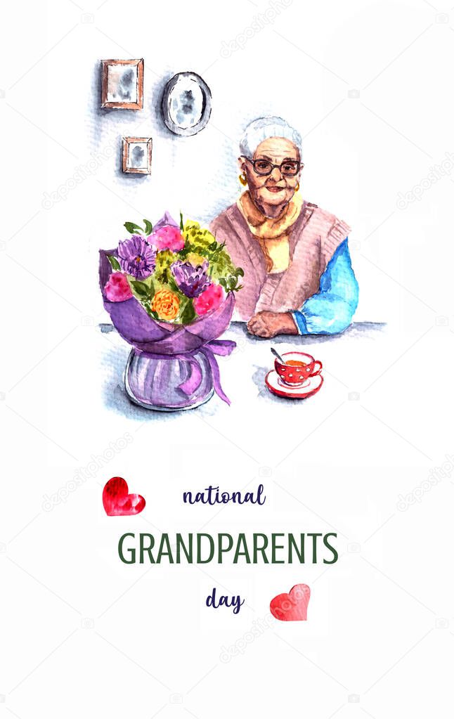 watercolor illustration of national grandparents day Happy grandparents Day with an inscription. isolated on white.