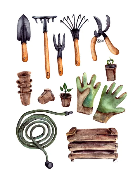 Ilustração aquarela desenhada à mão. um conjunto de itens de jardim. ferramentas para trabalhar no jardim, uma caixa de madeira, vasos para plântulas em crescimento, uma mangueira para rega, luvas de jardinagem . — Fotografia de Stock