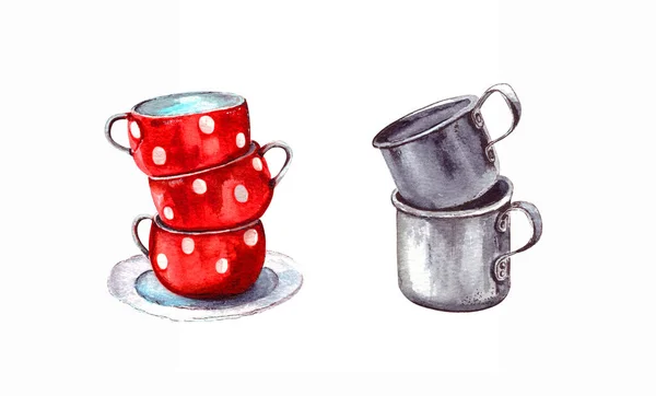 Akvarel Ilustrace Sada Hliníkové Retro Hrnky Červené Porcelánové Poháry Puntíky — Stock fotografie