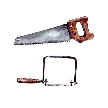 Suluboya illüstrasyon. Ekipman el testeresi, demir testeresi ve testere. İnşaat için keskin bir bıçakla birlikte Carpenter 'ın metal aleti.