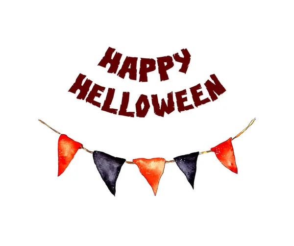 Akvarel Ilustrace Věnce Vlajek Nápis Šťastný Halloween Šablona Pro Pohlednici — Stock fotografie