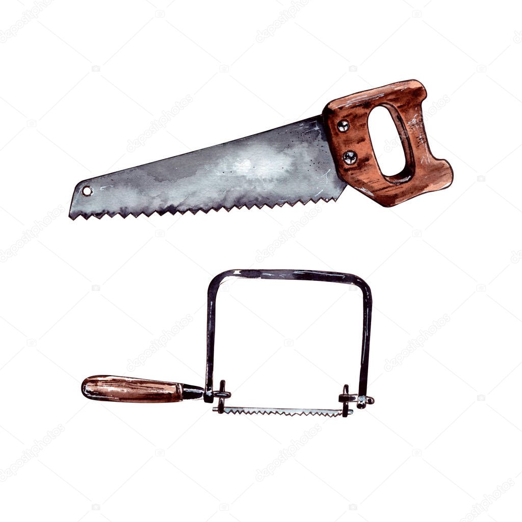 watercolor illustration.equipment hand saw, hacksaw and pulling the saw.Carpenter's metal tool with a sharp blade for construction .set of isolated on a white background