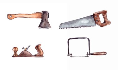 suluboya illüstrasyon. Testereyi, baltayı ve uçağı çeken ekipman demir testeresi. İnşaat için keskin bıçaklı Carpenter 'ın metal aleti.