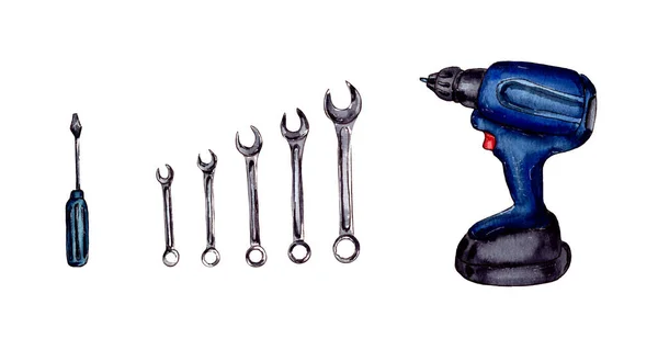 Акварельные Иллюстрации Набор Ключей Отверток Механические Инструменты Ремонта Изолированные Матричные — стоковое фото