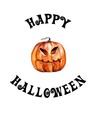 Suluboya çizimi. Mutlu bir Cadılar Bayramı için duygularla dolu kızgın turuncu balkabağı. Yazıtta mutlu cadılar bayramı yazıyor. beyaz arkaplanda izole edilmiş.