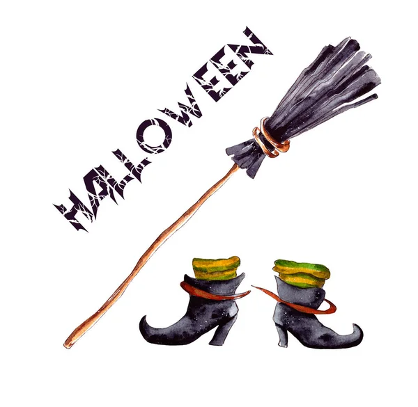Akvarel Ilustrace Soubor Kreseb Pro Šťastný Halloween Stará Čarodějnice Koště — Stock fotografie